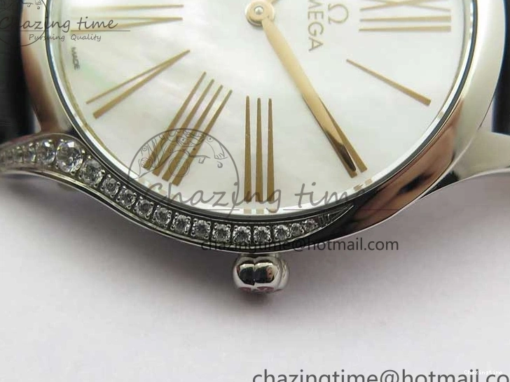 0420 StreetReady Ladies’ De Ville Trésor Diamond SS 3AF 1:1 Best Edition White MOP Dial RG Markers On Black Fabric strap Swiss Quartz 7884